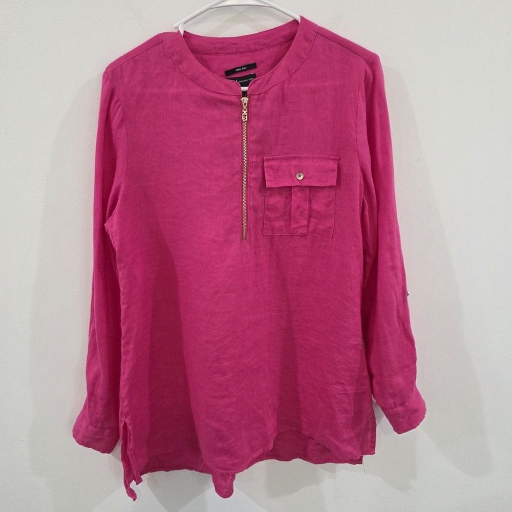 Jones New York Womens Pink Linen Top Size Small Quarter Zip Coastal Beach Bright